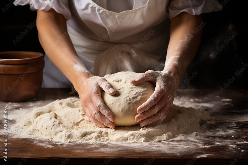 Woman baker's hands kneading dough for bread