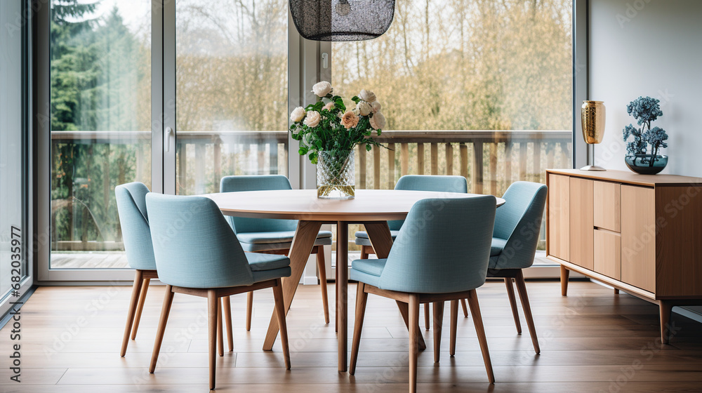 Elegance Furniture Unveiled: Round Wooden Dining Table and Blue Chairs in a Stunning Scandinavian, Mid-Century Modern Dining Room