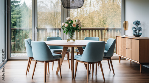 Elegance Furniture Unveiled  Round Wooden Dining Table and Blue Chairs in a Stunning Scandinavian  Mid-Century Modern Dining Room