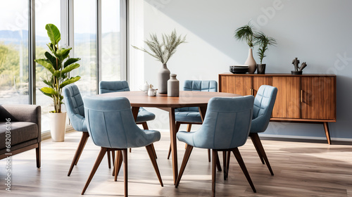 Aqua Dreams: Round Wooden Dining Table and Serene Blue Chairs Set the Tone for a Relaxing Scandinavian Home Sanctuary