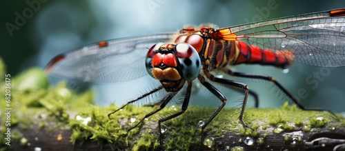 nature reserve of Hoogeveen, a breathtaking sight can be seen as a bright red colored dragonfly with compound eyes and wings hovers air, showcasing the intricate details of its macro features in a photo