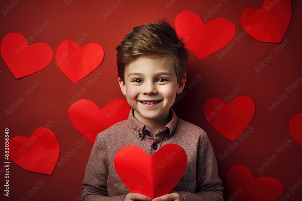 Happy little boy with red hearts on Valentine's Day. Happy little boy with red hearts on Valentine's Day.