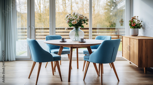 Mid-Century Marvel: A Symphony of Style with a Round Wooden Dining Table and Blue Chairs in a Scandinavian Home Haven