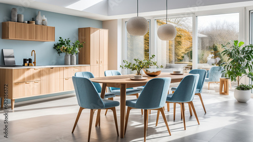 Whimsical Woodwork: Embracing Nordic Flair with a Round Dining Table and Blue Chairs in a Mid-Century Modern Dining Oasis