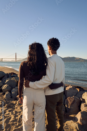 Canvas Print Interracial Couple at The Beach Together in Love Enjoying Each Other Company