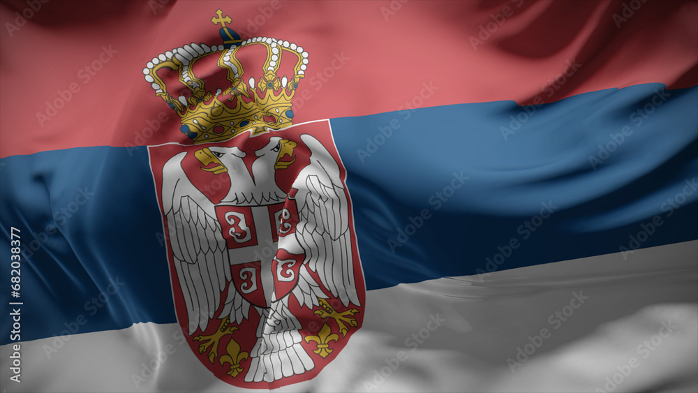 Close-up view of Serbia national flag fluttering in the wind.