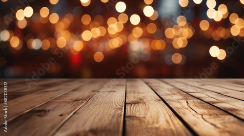 Product Presentation Serenity: Wooden Stage, Empty & Adorned with Bokeh Lights