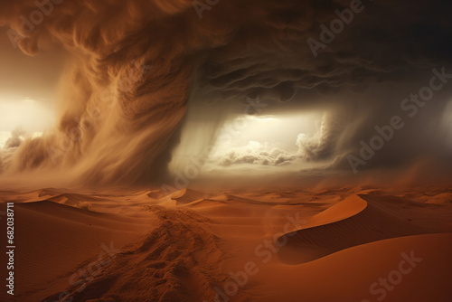 A breathtaking scene as a sand and dust storm turns the desert into a picturesque yet challenging landscape, showcasing nature's might. AI Generative.