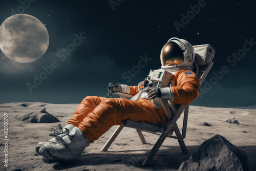 Lost in space, An astronaut in a beach chair on the Moon enjoys a funny moment, searching the universe for wifi with a mobile device. AI Generative. photo