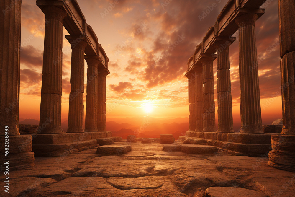The scenic landscape view of an ancient Greek rock temple with Doric column ruin in the evening twilight time. Generative AI. - obrazy, fototapety, plakaty 