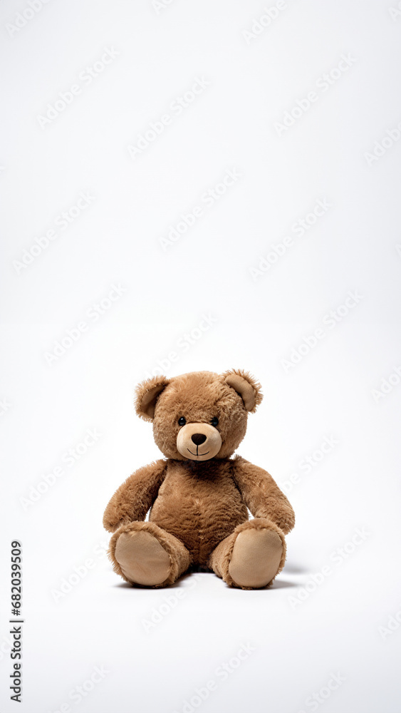 Obraz premium The photo shot of a smiling stuffed big brown teddy bear sitting on a ground isolated on white background. Generative AI.