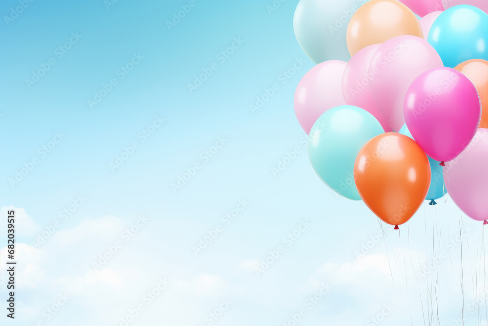 Colorful balloons in a bunch brighten up the sky a closeup of a happy birthday celebration in the air. AI Generative.