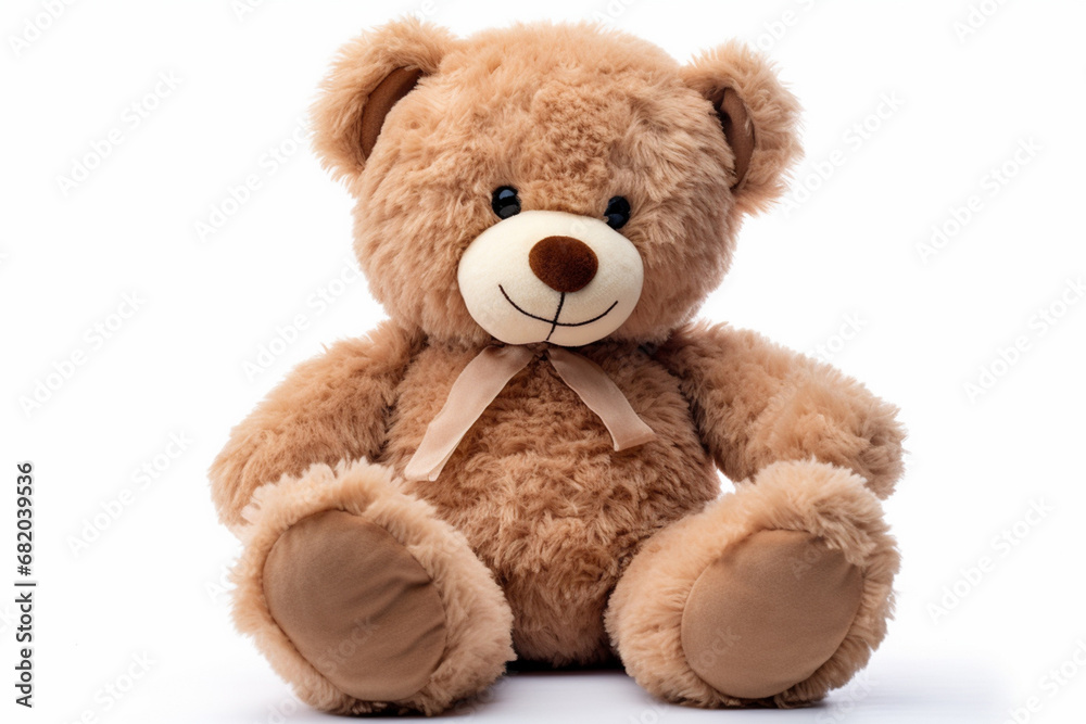 The photo shot of a smiling stuffed big brown teddy bear sitting on a ground isolated on white background. Generative AI.