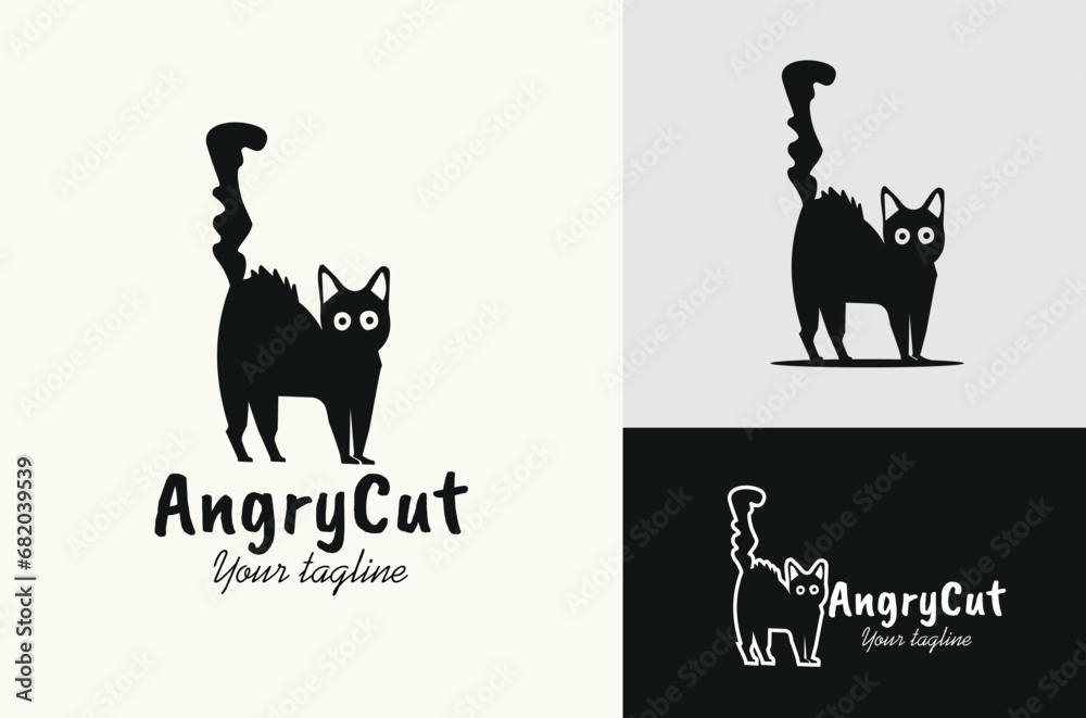 Scared Black Cat Silhouette Illustration Design with Standing Tail Feathers Vector on Black White Background