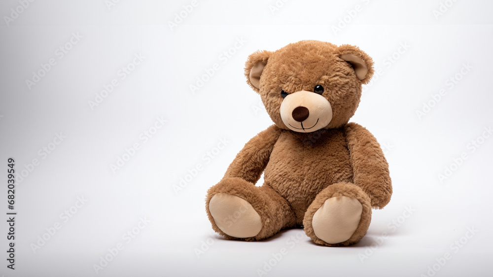 The photo shot of a smiling stuffed big brown teddy bear sitting on a ground isolated on white background. Generative AI. The photo shot of a smiling stuffed big brown teddy bear sitting on a ground isolated on white background. Generative AI.