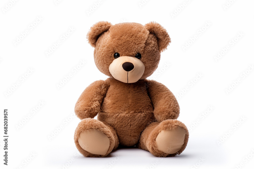 The photo shot of a smiling stuffed big brown teddy bear sitting on a ground isolated on white background. Generative AI.