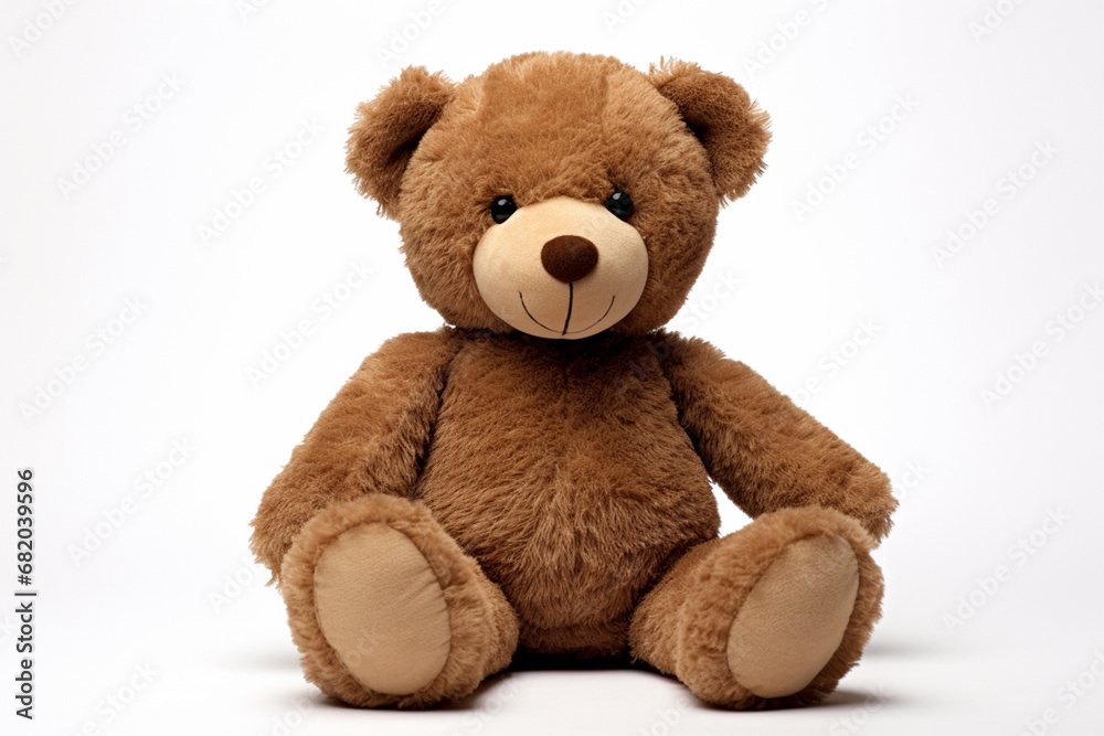 The photo shot of a smiling stuffed big brown teddy bear sitting on a ground isolated on white background. Generative AI.