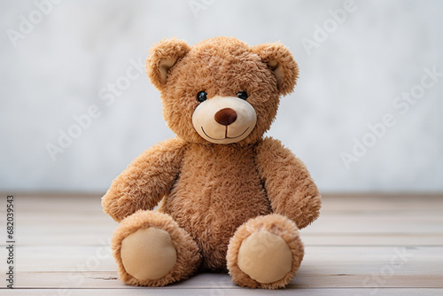 The photo shot of a smiling stuffed big brown teddy bear sitting on a ground isolated on white background. Generative AI. © Surachetsh