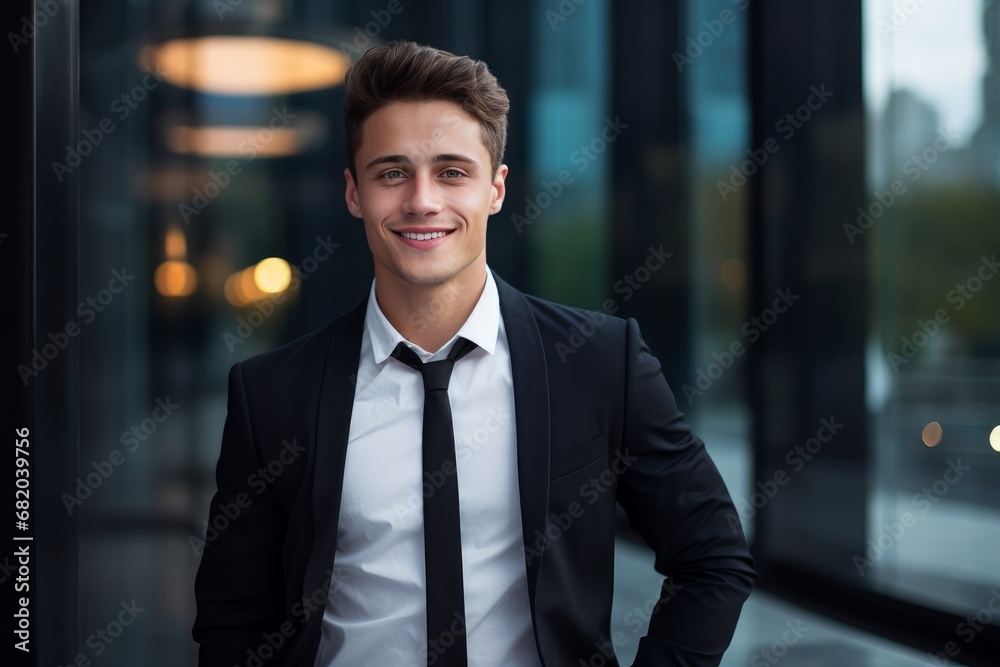 Photo of a beaming young man confidently wearing business attire. Generative AI