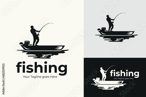 Vintage Retro Illustration Silhouette of a Man Fishing on a Lake Fishing Boat Fishing Vector Design