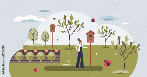 Eco friendly pest control with natural insecticides tiny person concept. Use good insects or birds for healthy alternative to fight pests and plant hazards vector illustration. Ecological farming.