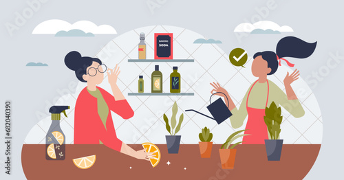 Organic home cleaning with bio household products tiny person concept. Housekeeping spray or detergent with natural ingredients vector illustration. Healthy ecological washing or fresh disinfection.