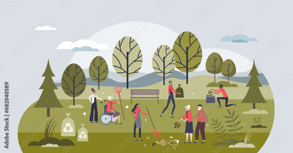 Naklejka premium Eco volunteer movement and garbage picking to save nature tiny person concept. Environmental trend to clean forests from litter, trash and rubbish vector illustration. Ecological pollution awareness.
