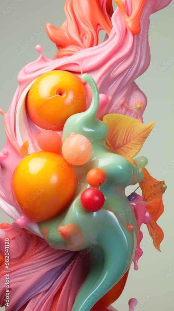  a close up of a sculpture of a person holding an orange and an orange ball in the air with pink, green, orange, and pink colors on a gray background.