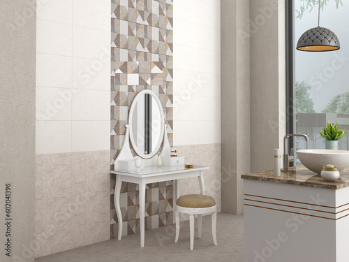 Scandinavian bathroom, classic white vintage interior design. 3d illustration. Mock up. 3D Rendering © Jenish