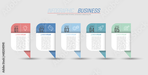 Infographics. 5 stages of development, marketing, workflow or plan. Business strategy with icons. Report and statistics diagram