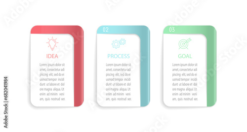 Business infographics. 3 stages of achieving the goal. Stages of the workflow, development, marketing, plan or training. Business strategy with icon icons. Report or statistics schema