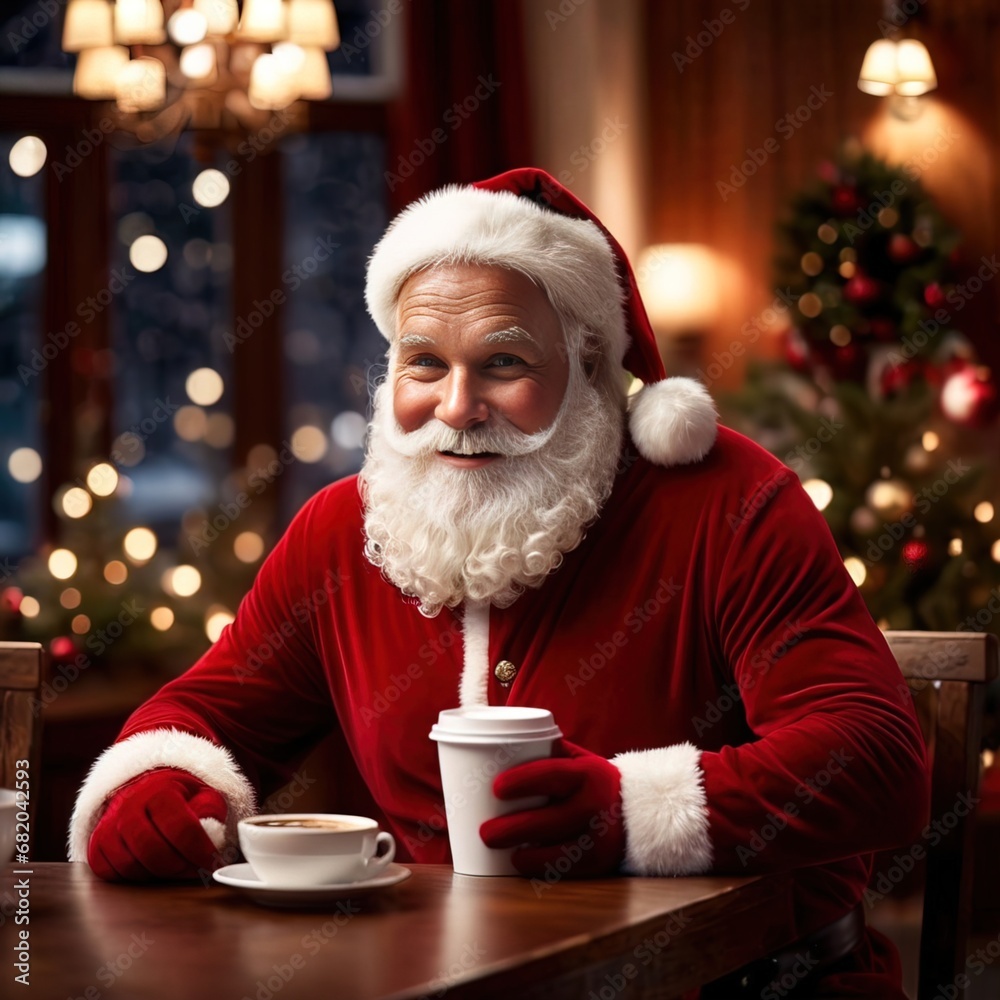 Father Christmas, Santa Claus, smiling and holding a cup of coffee, sharing holiday cheer while relaxing with a hot beverage