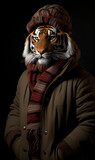 studio portrait of tiger dressed in winter clothes. Fashion portrait of an anthropomorphic animal, posing with a charismatic human attitude