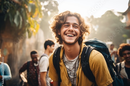 Photo of a beaming young man traveling and experiencing new cultures. Generative AI