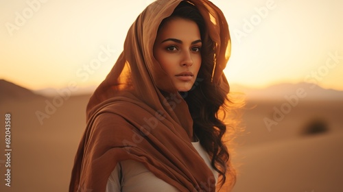 Arabian woman in the desert at sunset
