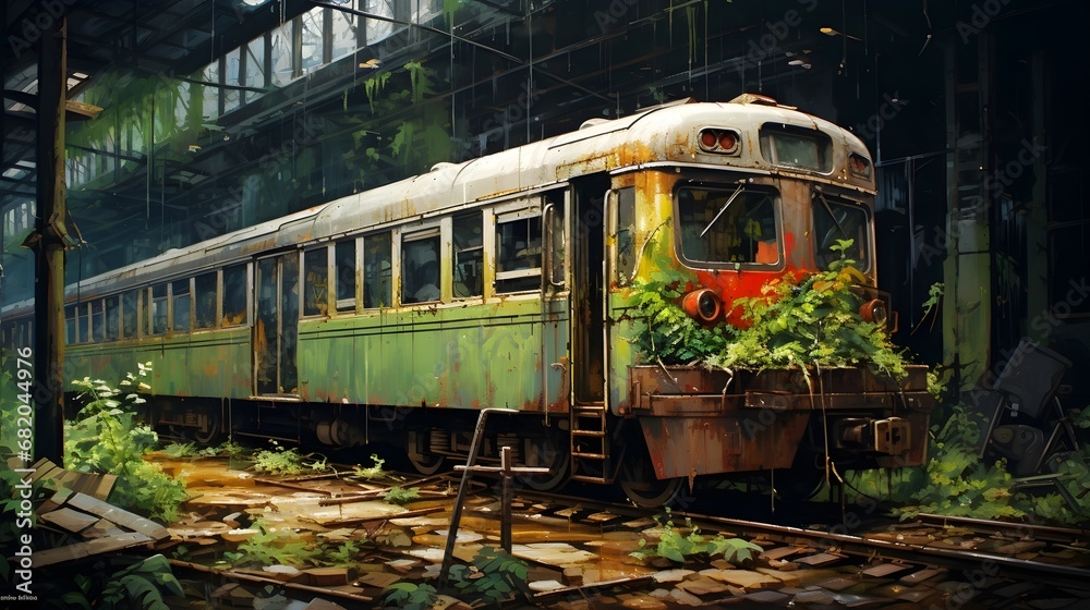Acrylic art of abandoned old train in station overtaken by moss and plant.