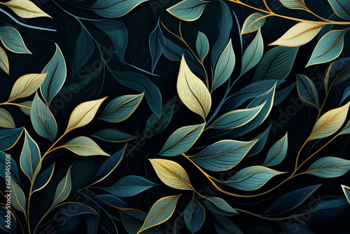 The abstract wallpaper of elegant green and yellow plant leaves with silver and gold line illustration pattern background. Generative AI.