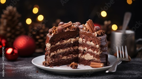 a close up of a slice of cake on a plate with a fork and a cup of coffee on the side of the plate and a christmas tree in the background.