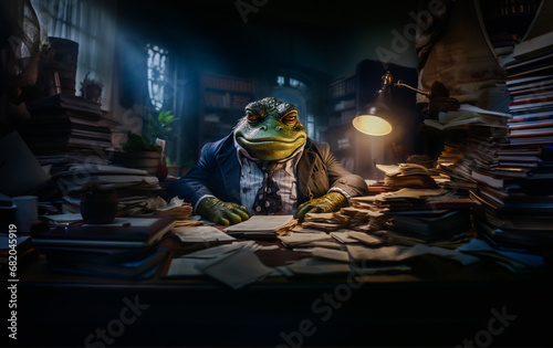 Reptile, big, fat frog as an accountant sitting at the desk in its office.