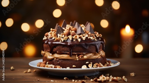  a close up of a cake on a plate on a table with a blurry background of lights and a lite - up tree in the distance in the background.