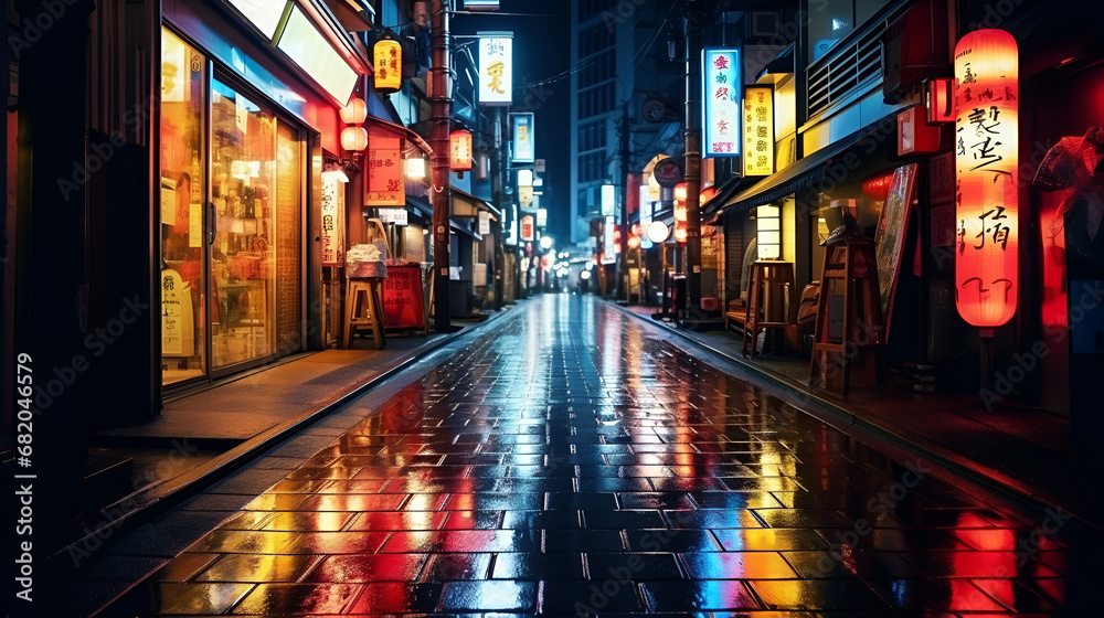 Japan neon lights wet road street background in the night after rain in an old town. City urban empty street with lights of shop signs and windows