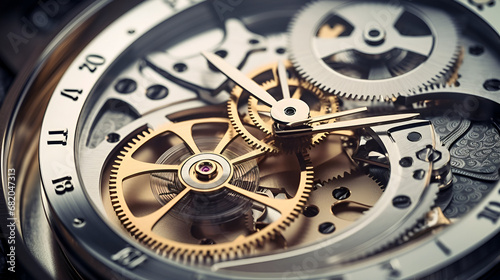  Gears and cogs in the clockwork watch mechanism. Craft and precision - elegant detailed stainless steel and metal.