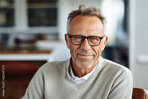 The portrait of an old man in a knitted sweater and black glasses smiling and looking at a camera on a blurry room background. Generative AI.