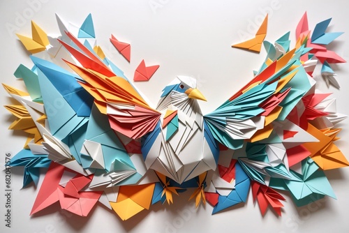 A bird origami style folded paper effect, colorful, transparent background, Japanese paper art.