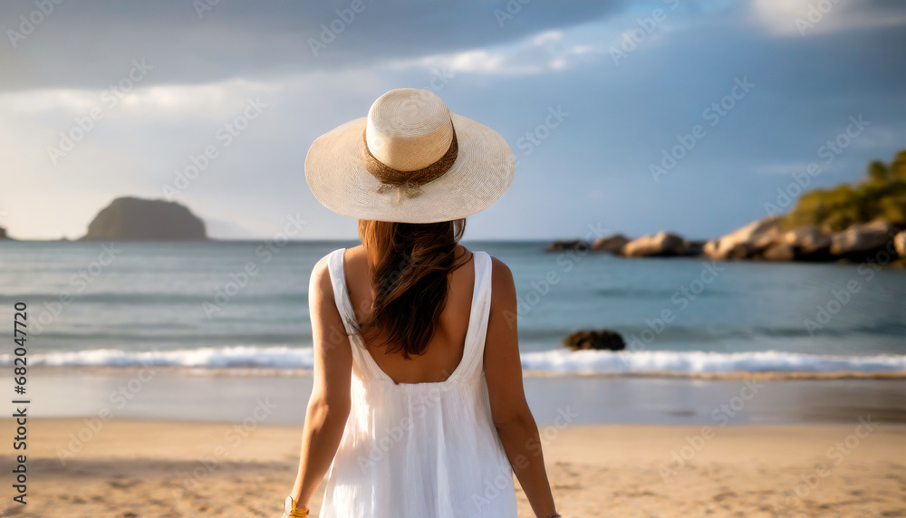Summer vacation happiness carefree joyful sun hat woman enjoying a tropical beach vacation Summer vacation happiness carefree joyful sun hat woman enjoying a tropical beach vacation