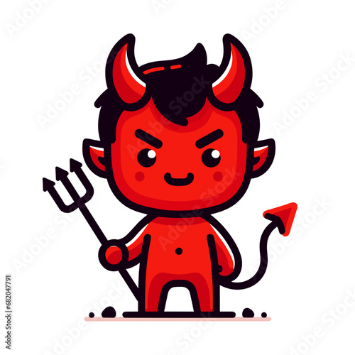 Little devil SVG vector art, isolated on a white background, the horned devil satan has a pitchfork, red in color, with a tail 