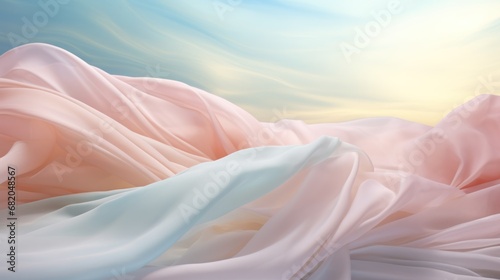  a blurry image of a pink and white cloth on a blue and yellow background with the sun in the sky in the middle of the horizon of the photo.