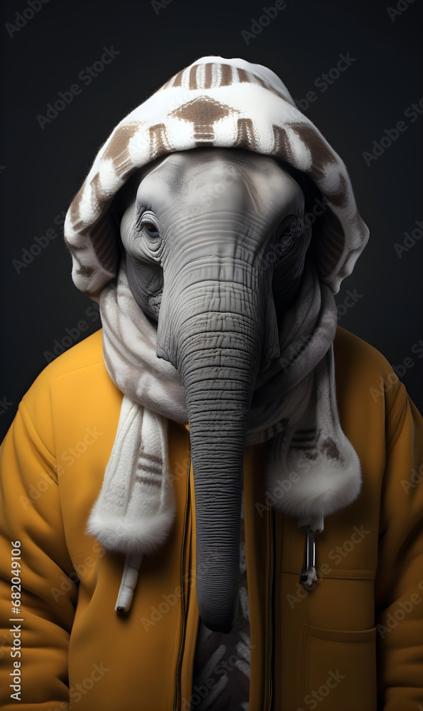 studio portrait of elephant dressed in winter clothes. Fashion portrait of an anthropomorphic animal, posing with a charismatic human attitude