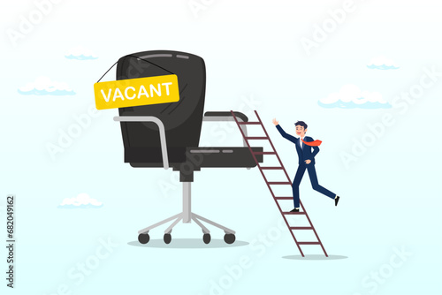 Ambitious businessman worker climbing the ladder to management office chair with vacant sign, candidate searching for job, career path, job promotion to be management, ladder of work success (Vector)