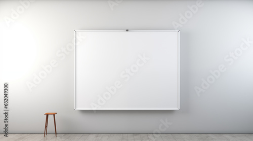 Small squarish whiteboard with white border in the middle of the room with a wooden chair below. photo